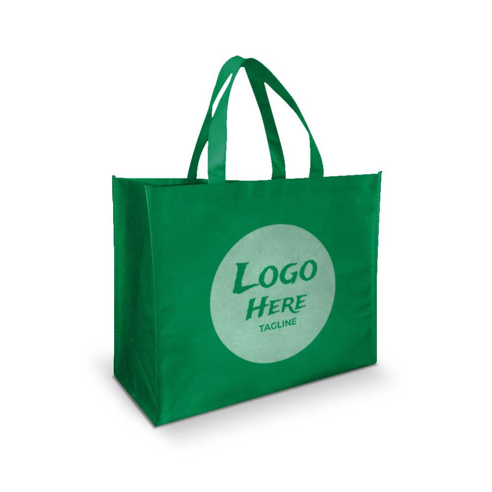 Green reusable tote bag with dual handles, featuring a large circular area on the front for a custom logo and tagline