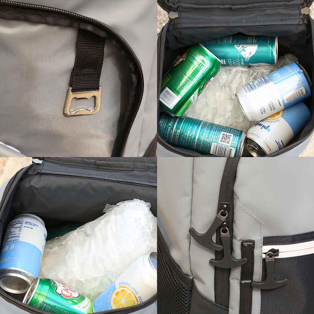 Close-up views of a grey and black backpack showcasing its large-capacity, sturdy dual zipper pulls, built-in bottle opener strap