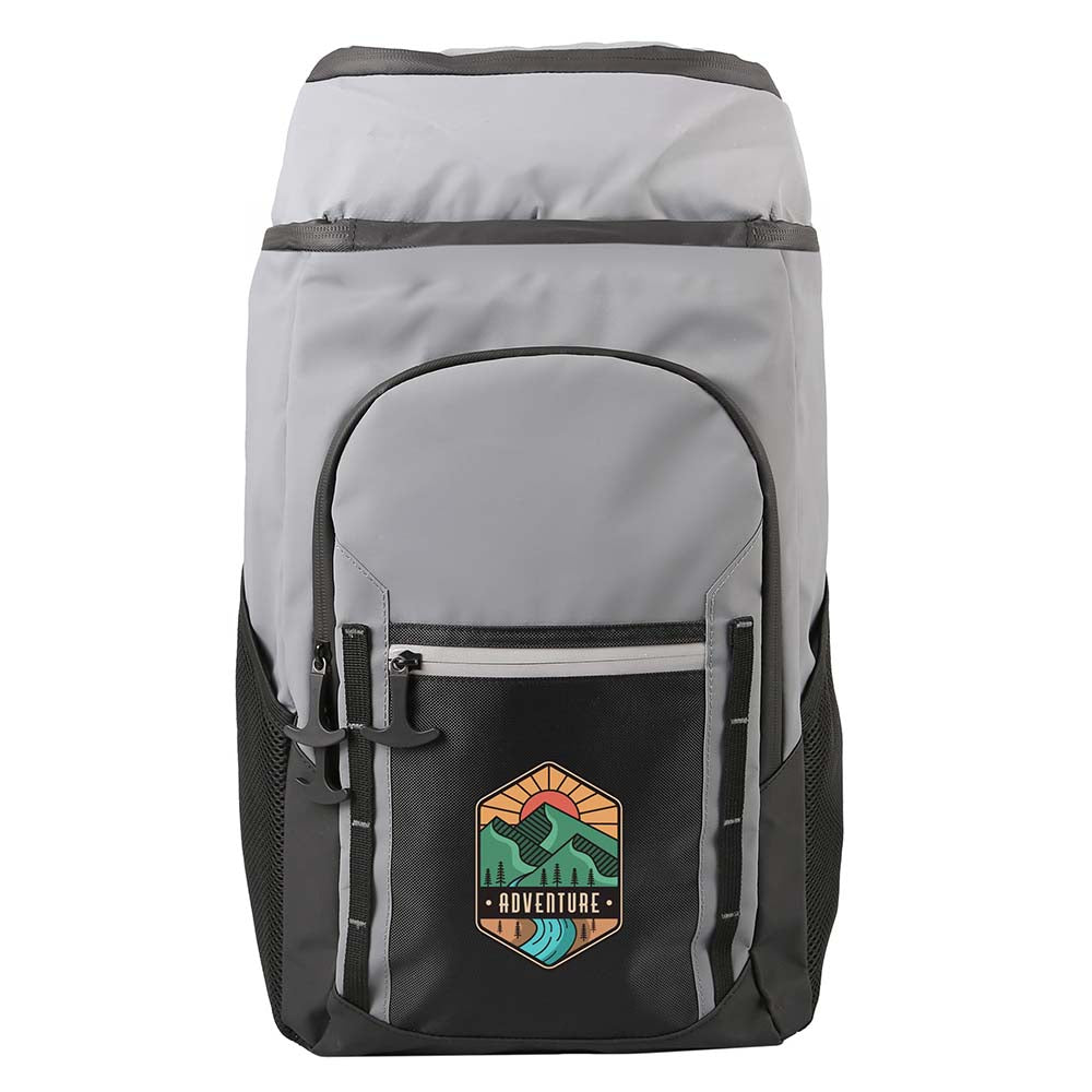 Glacier Peak 18L Cooler Backpack in grey and black with front zippered pocket, smaller compartment, and side mesh pockets.