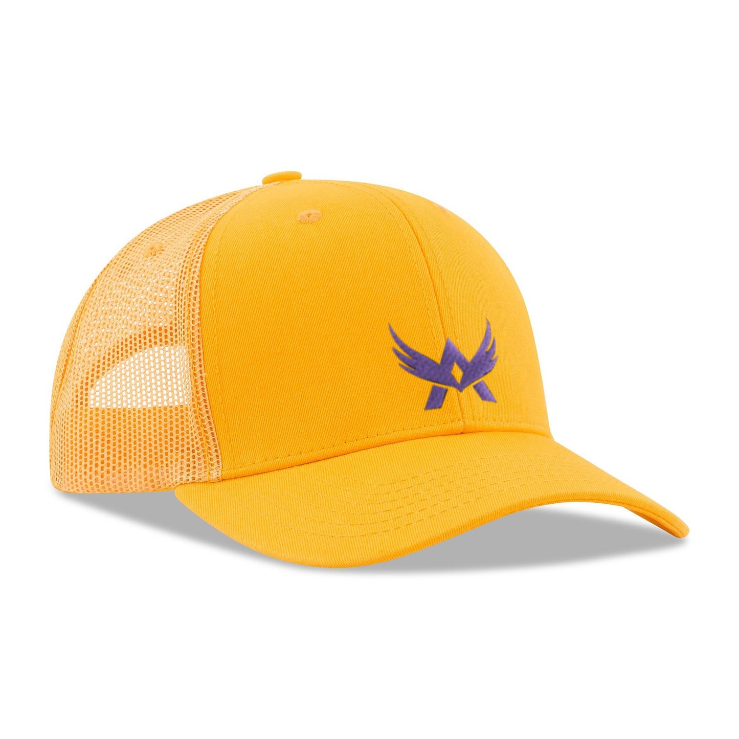 Front view of yellow mesh cap with logo on the crown