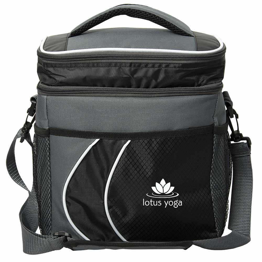 Gray and black custom insulated cooler lunch bag with white trim, front logo, and shoulder strap