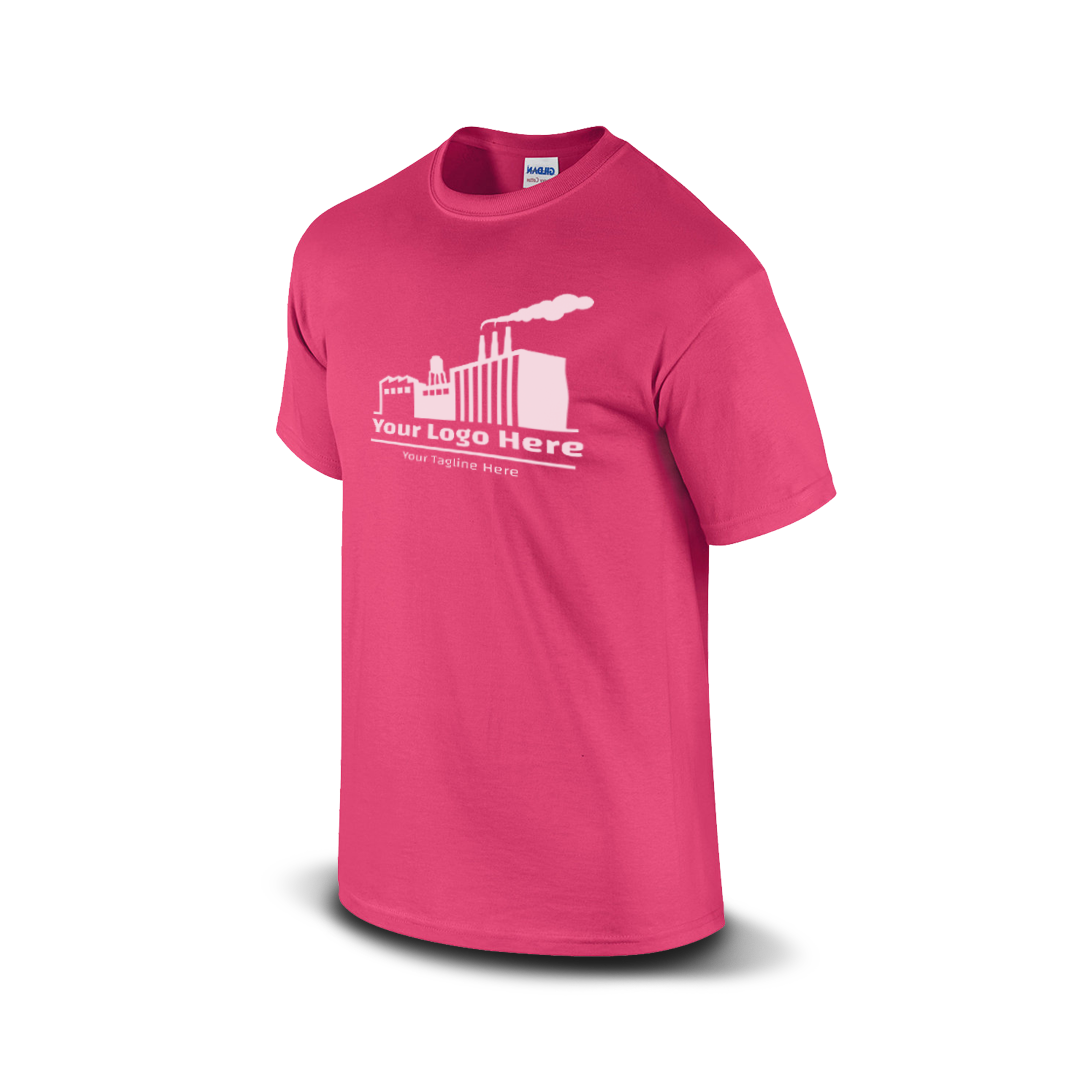 Heliconia short-sleeve t-shirt with a white industrial factory logo and customizable tagline.