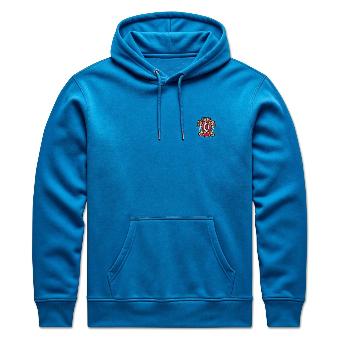 Blue hoodie with front pocket and small embroidered crest on the chest.