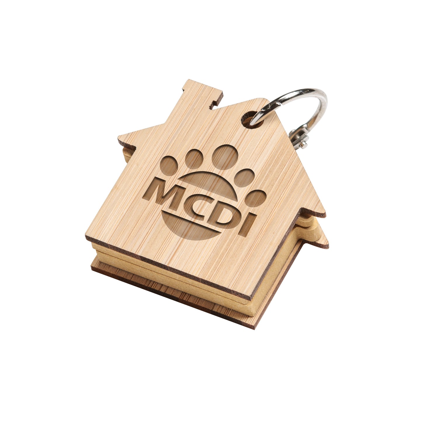 Futuro House Keychain with Sticky Notes — house-shaped bamboo keychain featuring a custom laser-cut 'MCDI' logo, with layered wood design and hidden sticky note pad inside