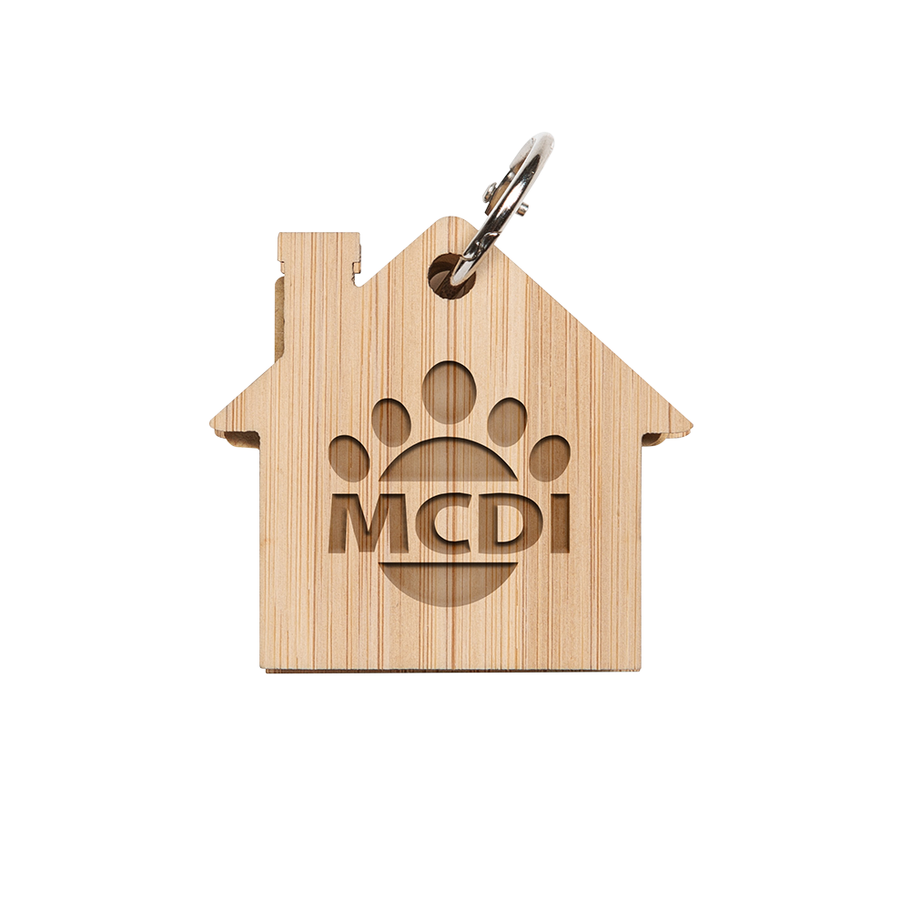 Futuro House Keychain with Sticky Notes — house-shaped bamboo keychain featuring a custom laser-cut 'MCDI' logo, with layered wood design and hidden sticky note pad inside