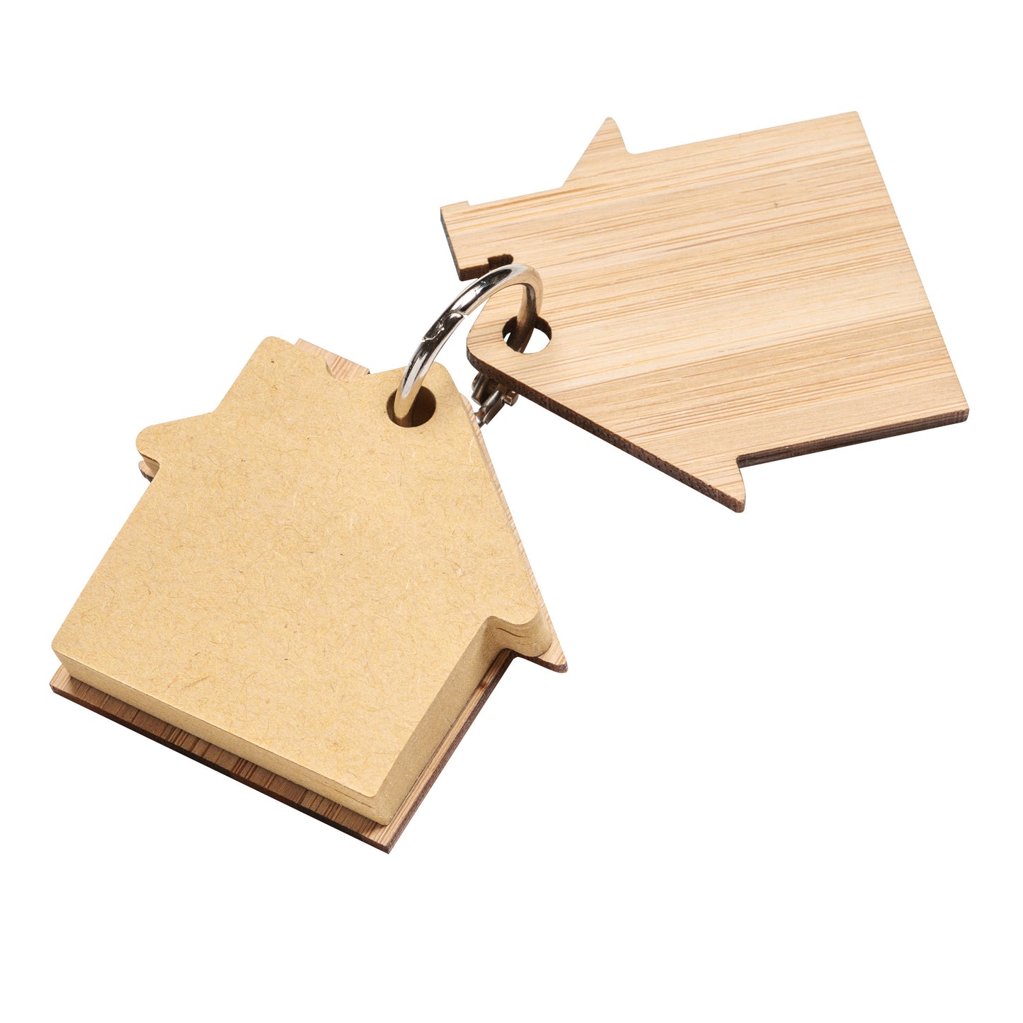 Futuro House Keychain with Sticky Notes shown open to reveal the interior notepad; house-shaped bamboo cover with blank surface, ideal for custom engraving.