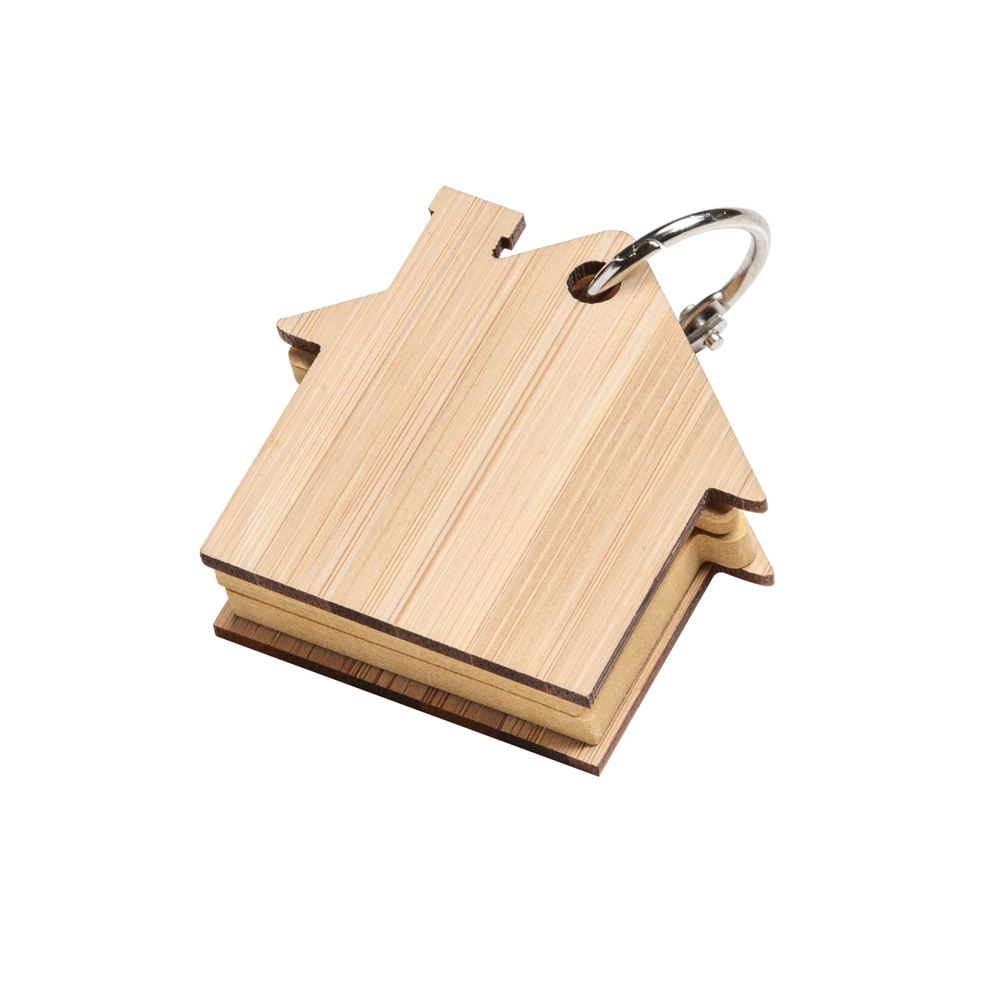 Blank Futuro House Keychain with Sticky Notes, featuring a house-shaped bamboo cover and metal keyring, ready for custom engraving or logo imprinting