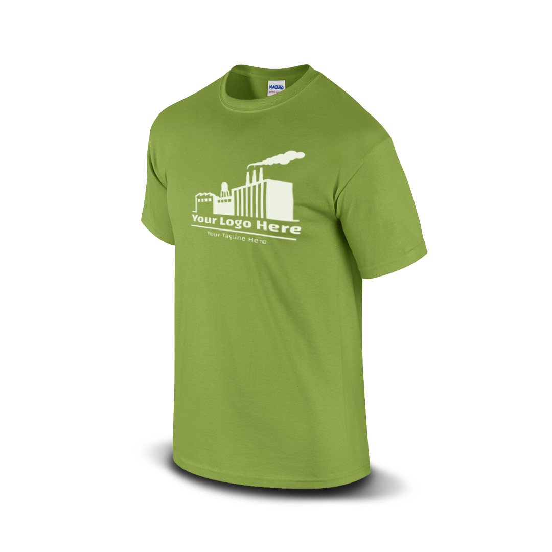 Kiwi short-sleeve t-shirt with a white industrial factory logo and customizable tagline.