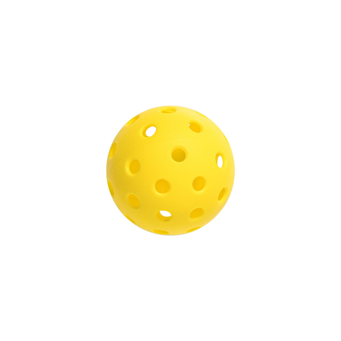 Yellow perforated plastic ball, commonly used for pickleball or wiffle ball, shown against a white background.