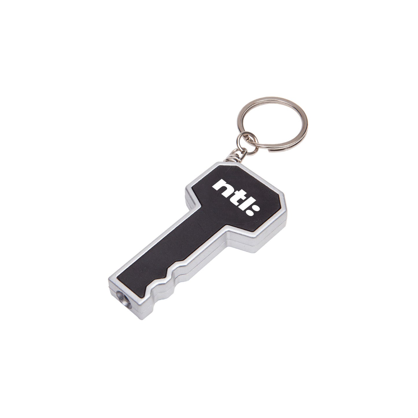 Key-shaped LED flashlight keychain in black and silver, featuring a white customized 'ntl:' logo on the head and a bright LED light at the tip; attached to a metal keyring.