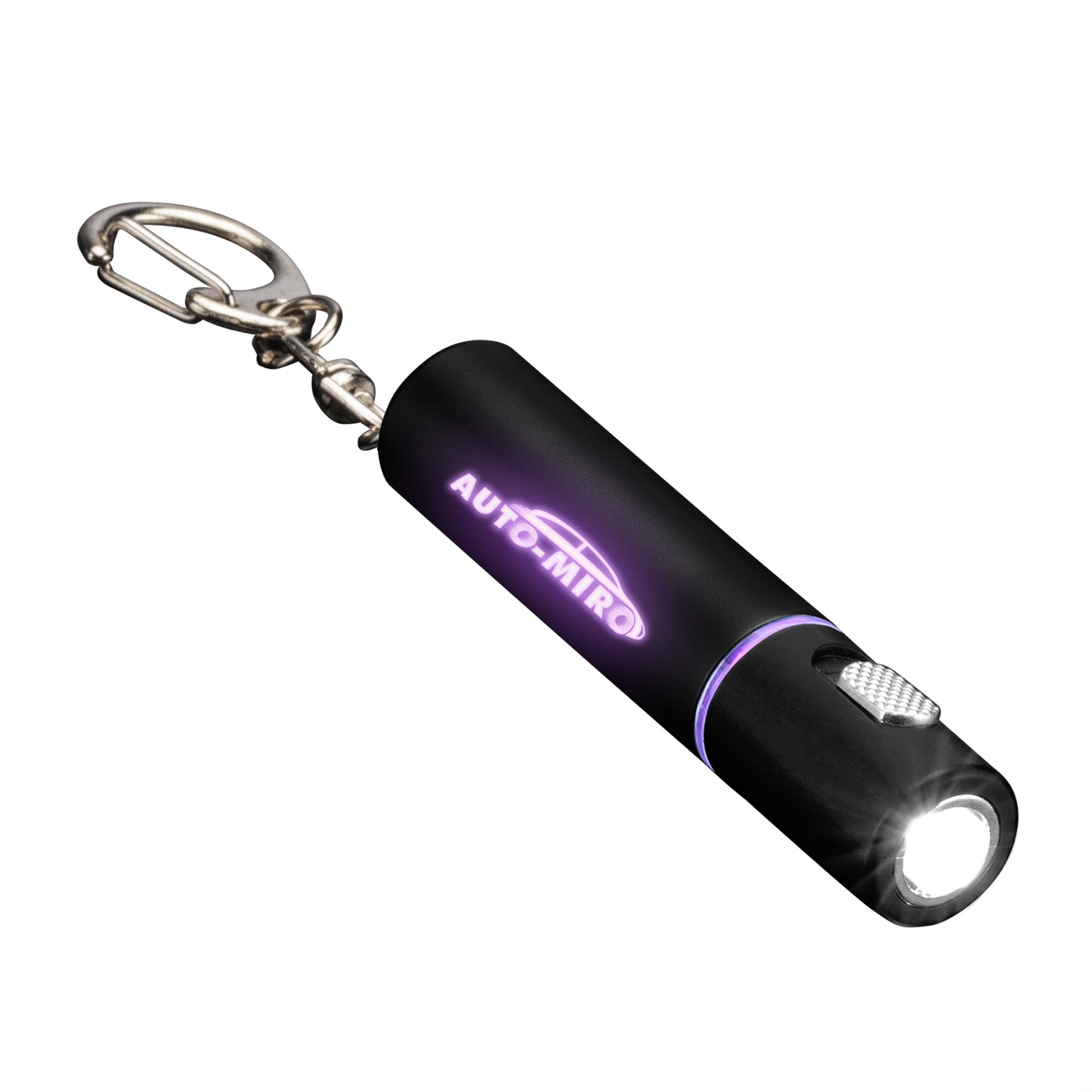 Sunray LED Keychain flashlight in matte black finish with bright white LED light, silver push-button, and illuminated custom 'AUTO MIRO' logo glowing in purple; includes attached metal keyring.
