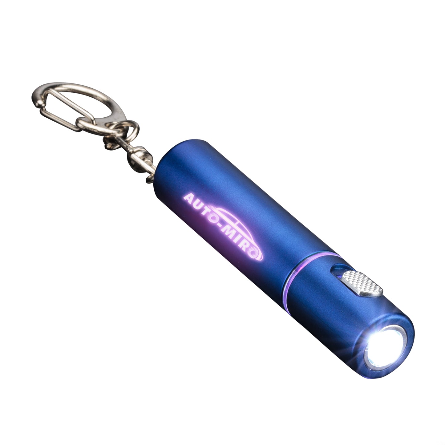 Sunray LED Keychain flashlight in metallic blue with a bright white light, silver push-button switch, and a glowing custom 'AUTO MIRO' logo illuminated in pink; attached to a metal keyring.