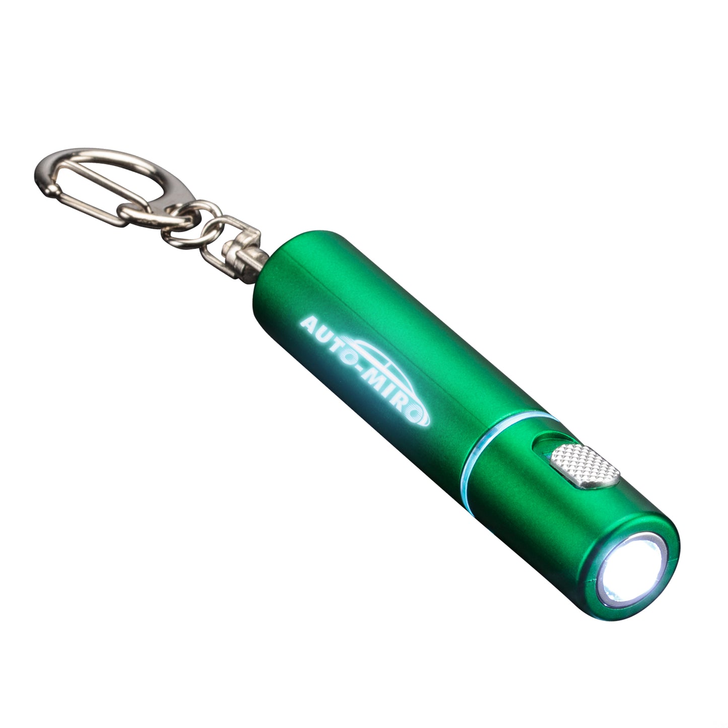 Sunray LED Keychain flashlight in metallic green finish, featuring a bright white LED light, textured silver push-button, and illuminated custom 'AUTO MIRO' logo; includes attached metal keyring clip