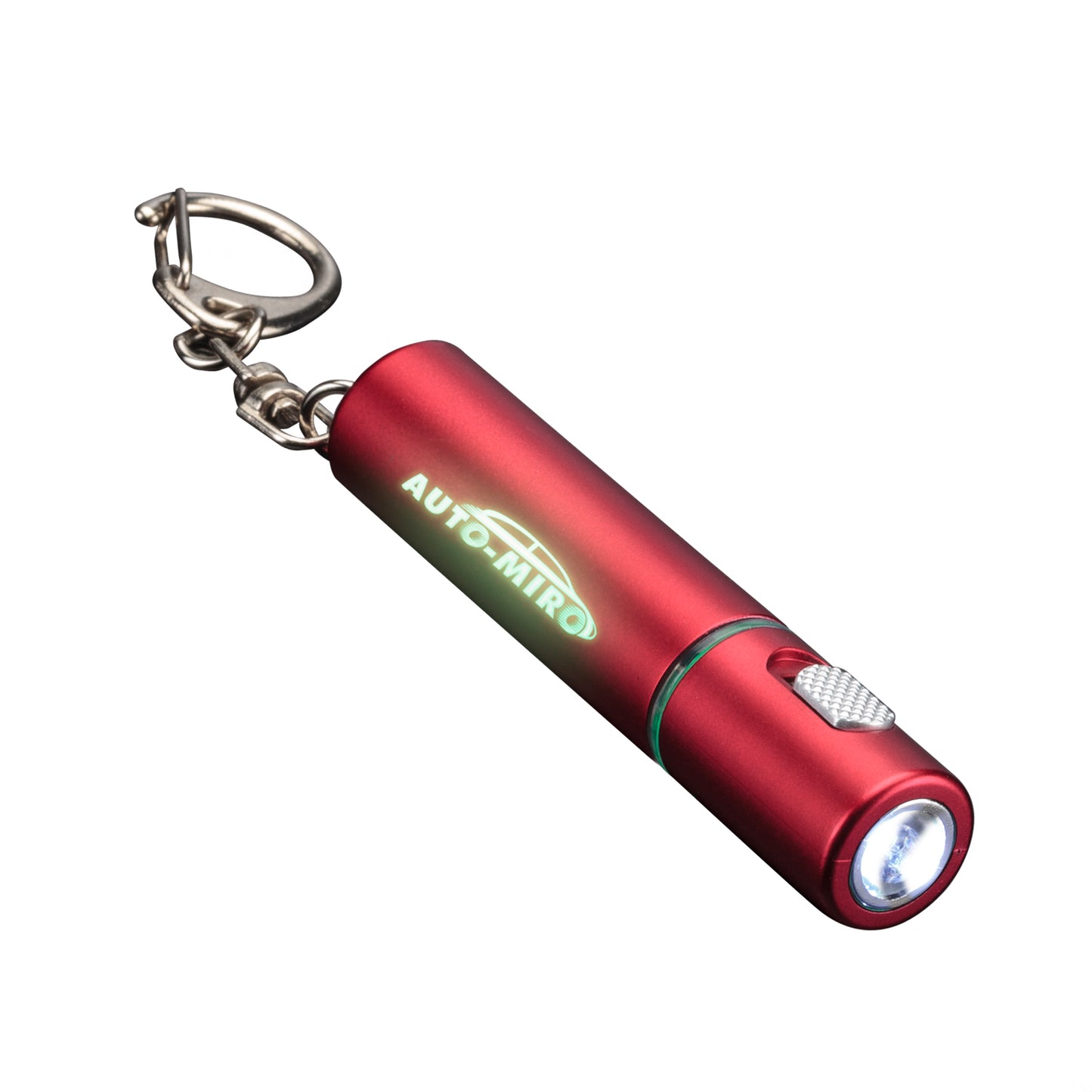 Sunray LED Keychain flashlight in metallic red finish, featuring a bright green LED light, textured silver push-button, and illuminated custom 'AUTO MIRO' logo; includes attached metal keyring clip