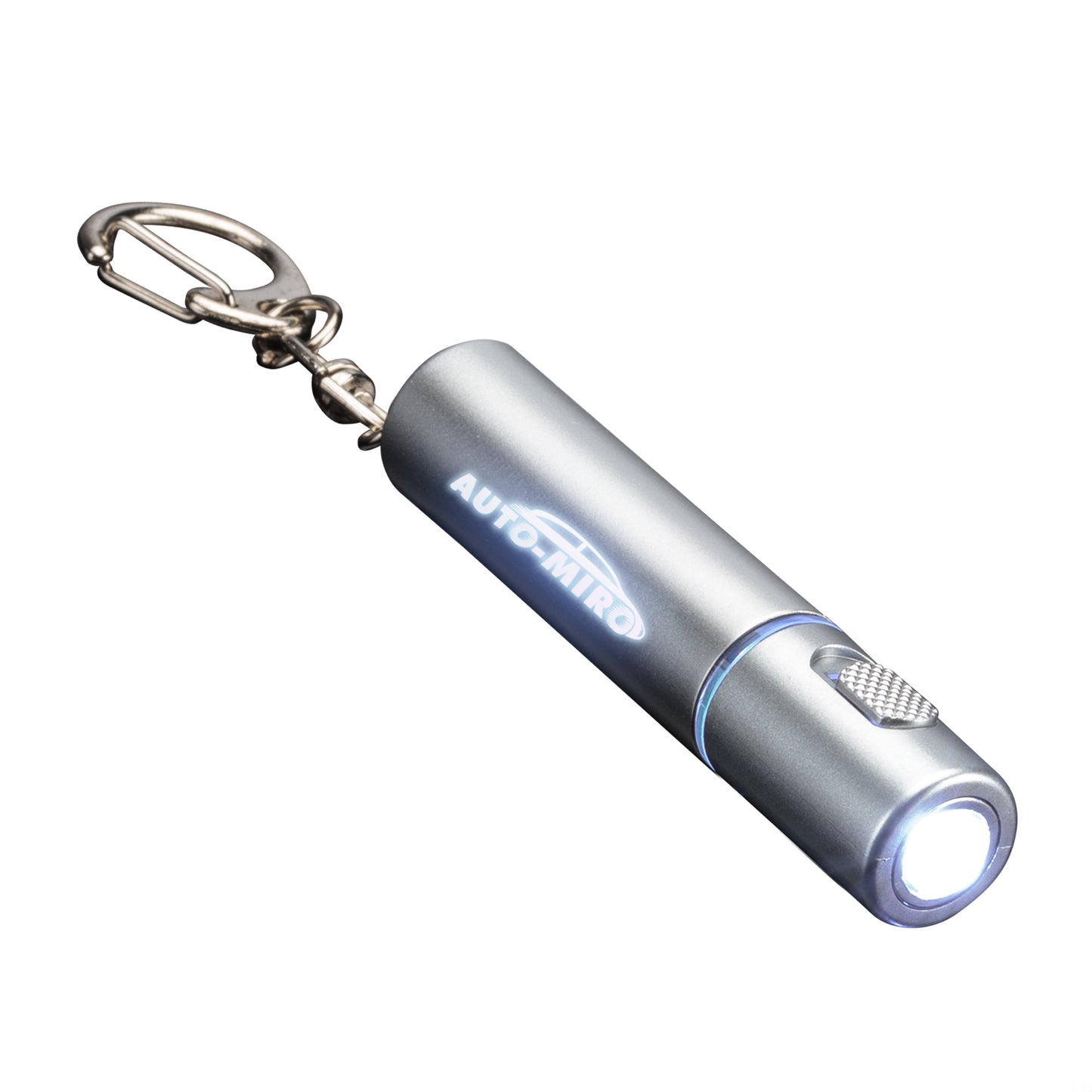 Sunray LED Keychain flashlight in metallic silver finish, featuring a bright white LED light, textured silver push-button, and glowing custom 'AUTO MIRO' logo illuminated in white; includes metal keyring attachment