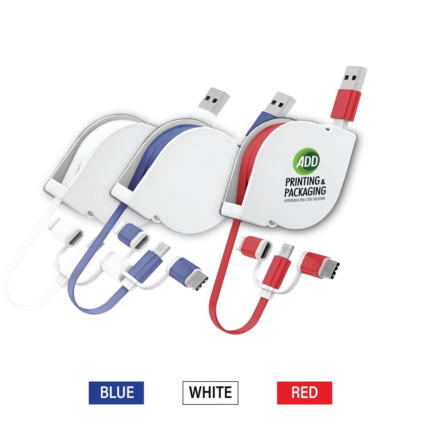 Extendable 3-in-1 charging cable with white retractable body and colored accents (white, blue, red); features USB-A input and three output connectors (Lightning, Micro-USB, USB-C); includes custom logo printing area on the front.