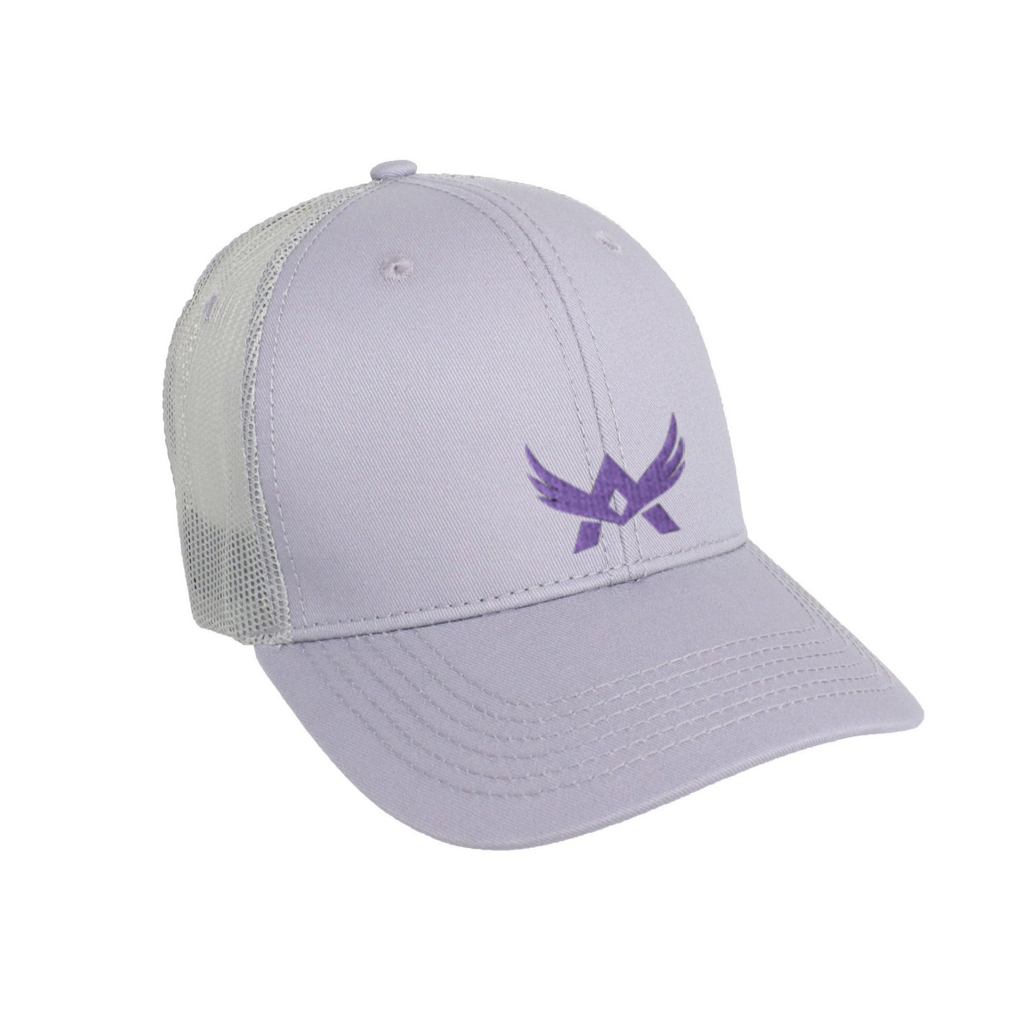Front view of light lavender and white mesh cap with logo on the crown