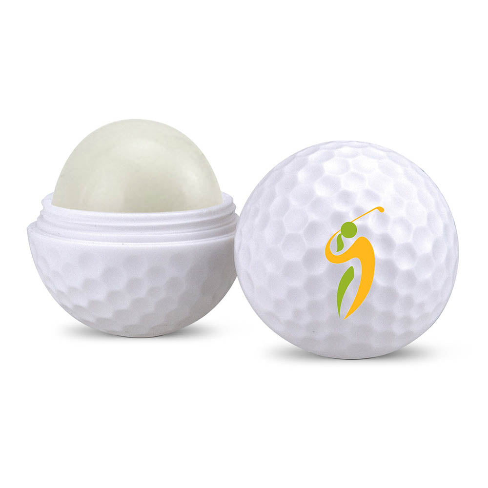 Golf ball-shaped lip balm container with dimpled texture; one half open revealing balm, the other featuring a stylized golfer logo in yellow and green.