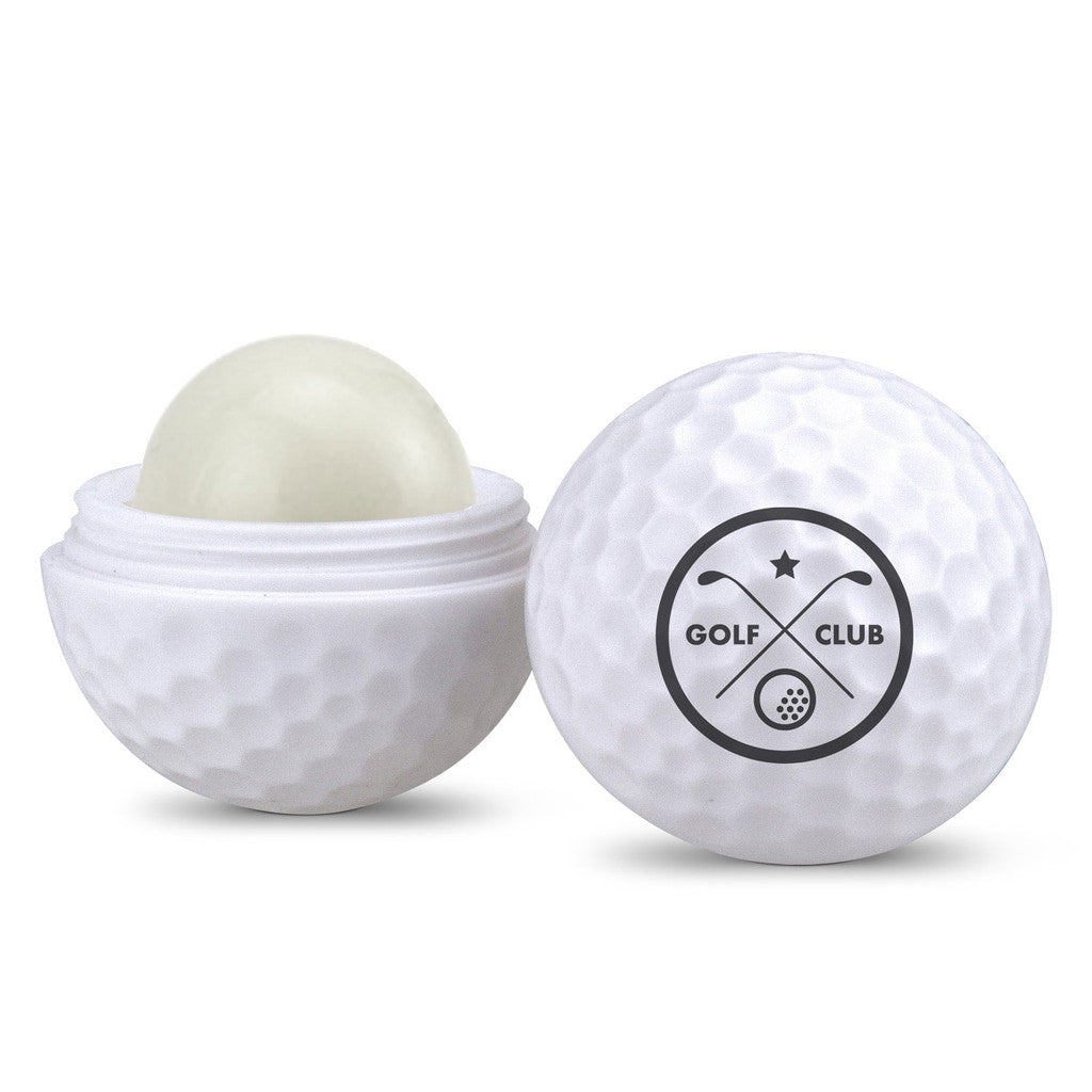 Golf ball-shaped lip balm container with textured surface; one half open revealing the balm, and the other half displaying a "GOLF CLUB" logo with crossed clubs and a golf ball