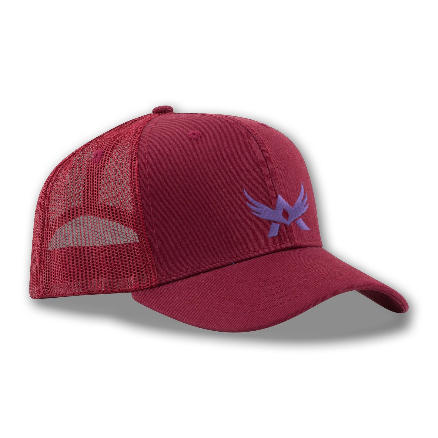 Front view of maroon mesh cap with logo on the crown