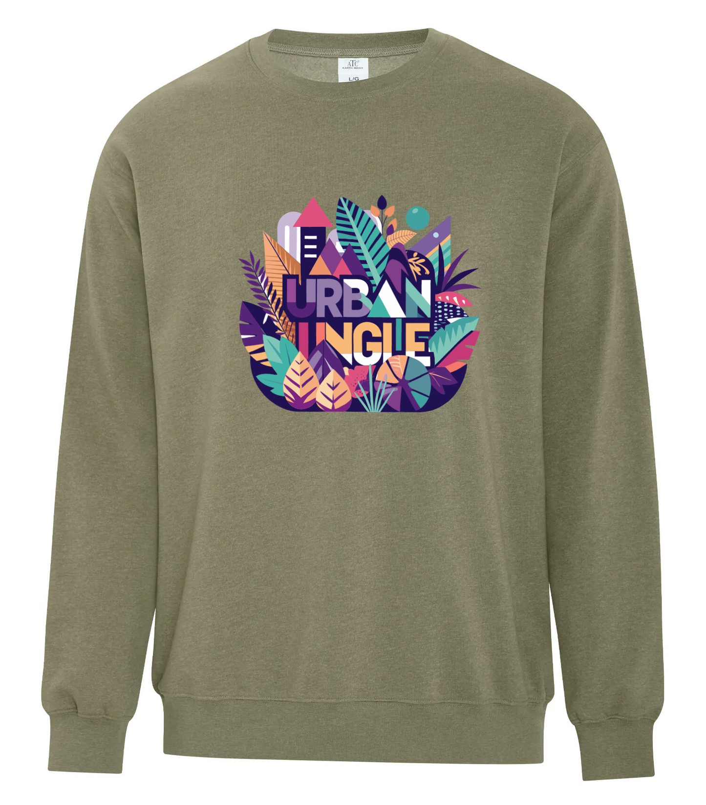Olive green crewneck sweatshirt featuring a colorful 'Urban Jungle' graphic on the chest, with illustrated leaves, buildings, and playful geometric shapes.