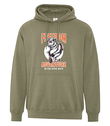 Olive green fleece hoodie featuring a printed design of a bear riding a bike in front of a full moon, with bold orange and white text that reads 'FREEDOM ADVENTURE - Never Look Back