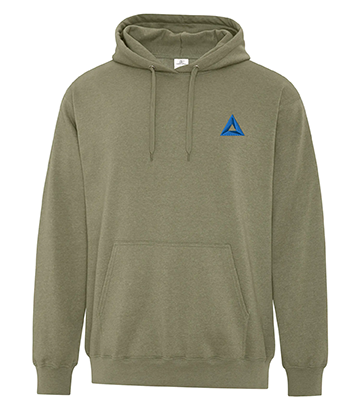 ATC Earth Wash Tourbillon fleece hoodie in olive green, with a kangaroo pocket, drawstring hood, and blue triangle logo on the left chest.