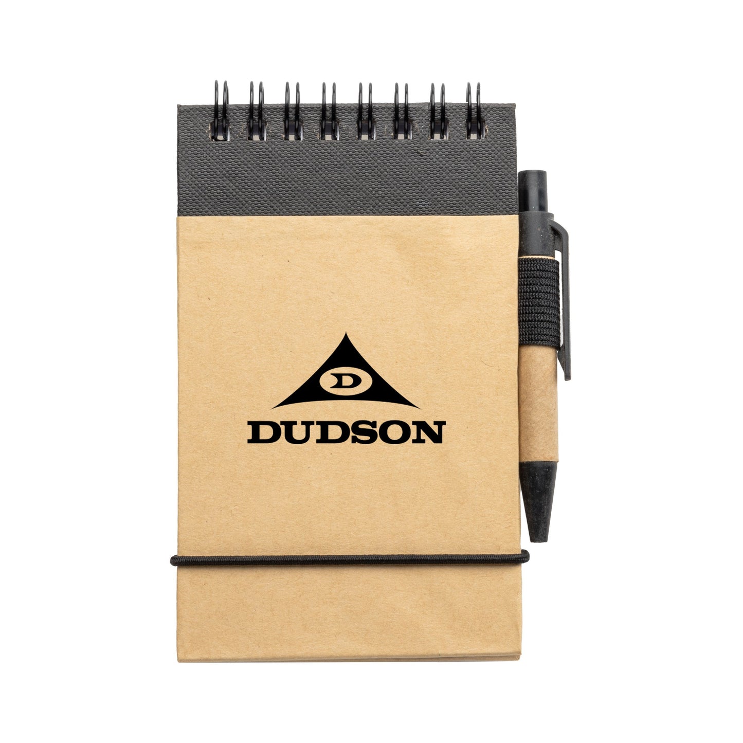 Small kraft paper spiral notepad with black elastic closure and matching eco-friendly pen in holder, featuring a logo on the front cover.