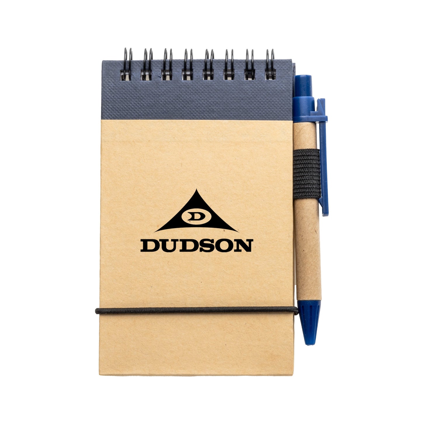 Small kraft paper spiral notepad with blue elastic closure and matching eco-friendly pen in holder, featuring a logo on the front cover.