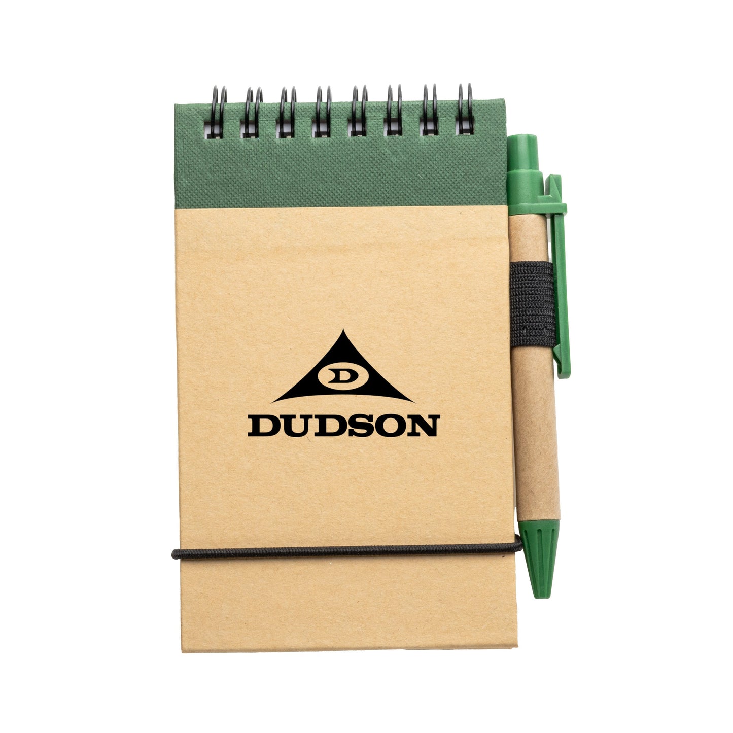Small kraft paper spiral notepad with green elastic closure and matching eco-friendly pen in holder, featuring a logo on the front cover.
