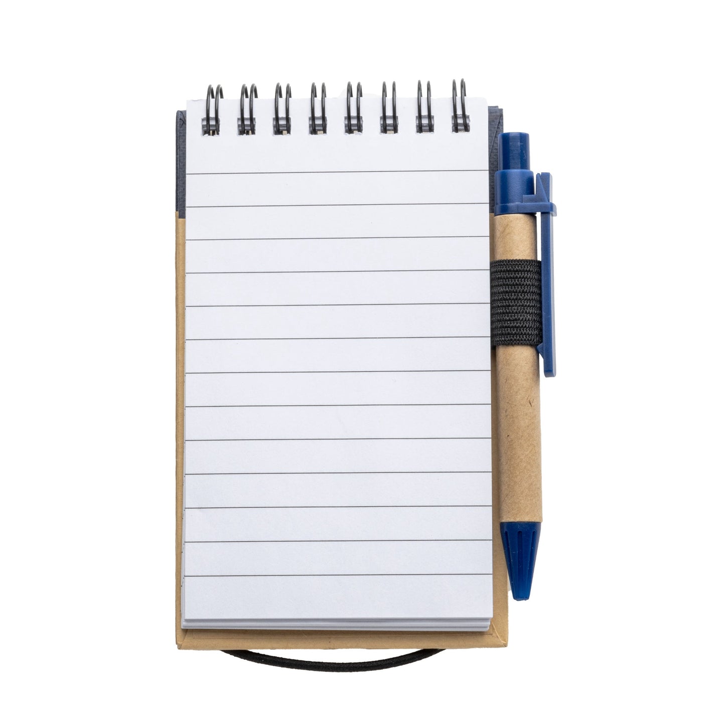 Small spiral notepad with lined white pages and a kraft paper cover, paired with a blue and kraft pen secured by an elastic loop on the side.