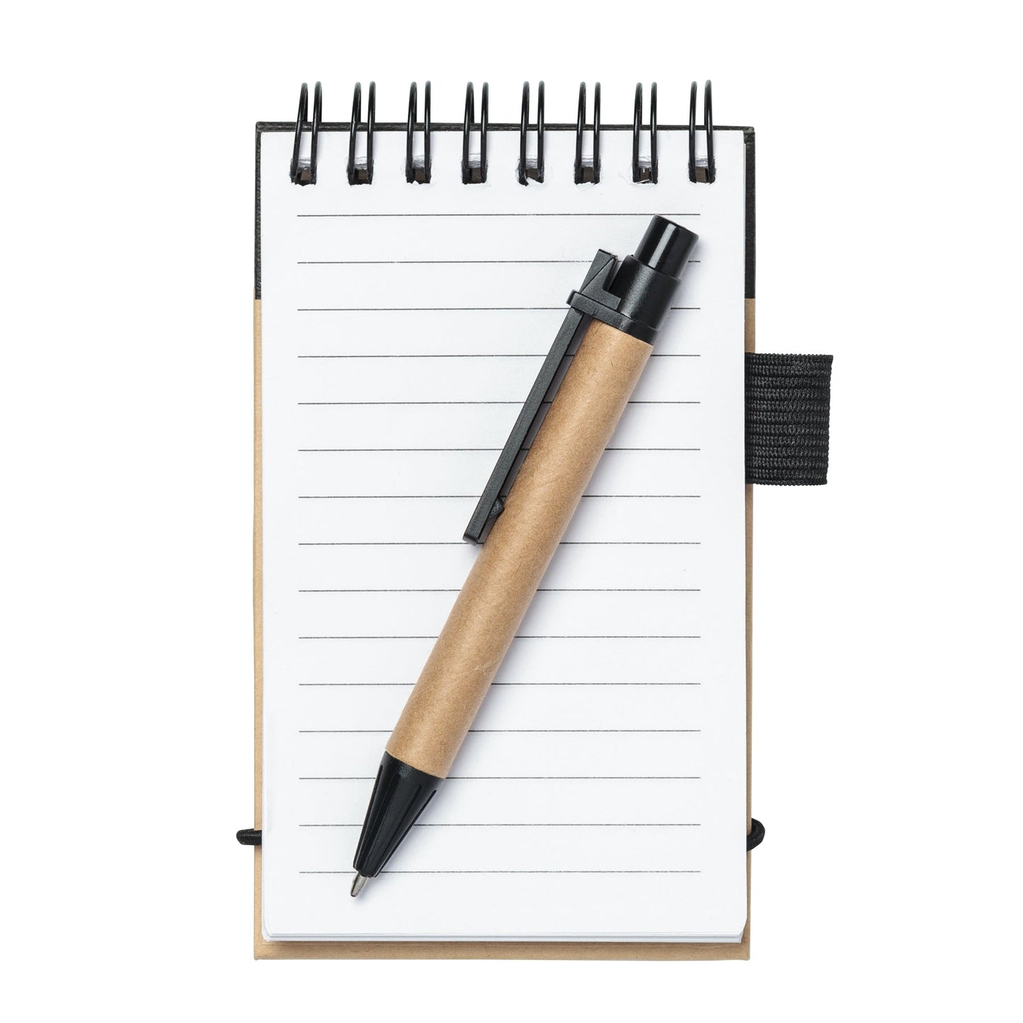 Eco-friendly spiral notepad with lined pages and a recycled kraft cover, featuring a matching kraft and black ballpoint pen placed diagonally on top.