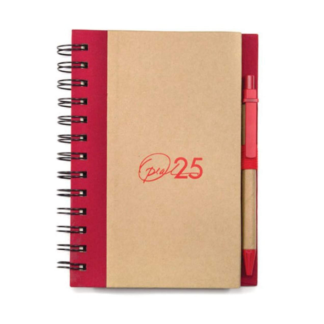 Eco-friendly spiral-bound notebook with a kraft paper cover, black spine, and pen holder on the right side, featuring a matching red-ink pen and a logo printed on the front.
