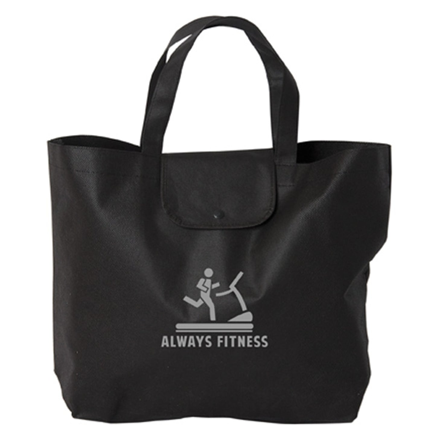 Black foldable tote bag with snap closure and Always Fitness logo