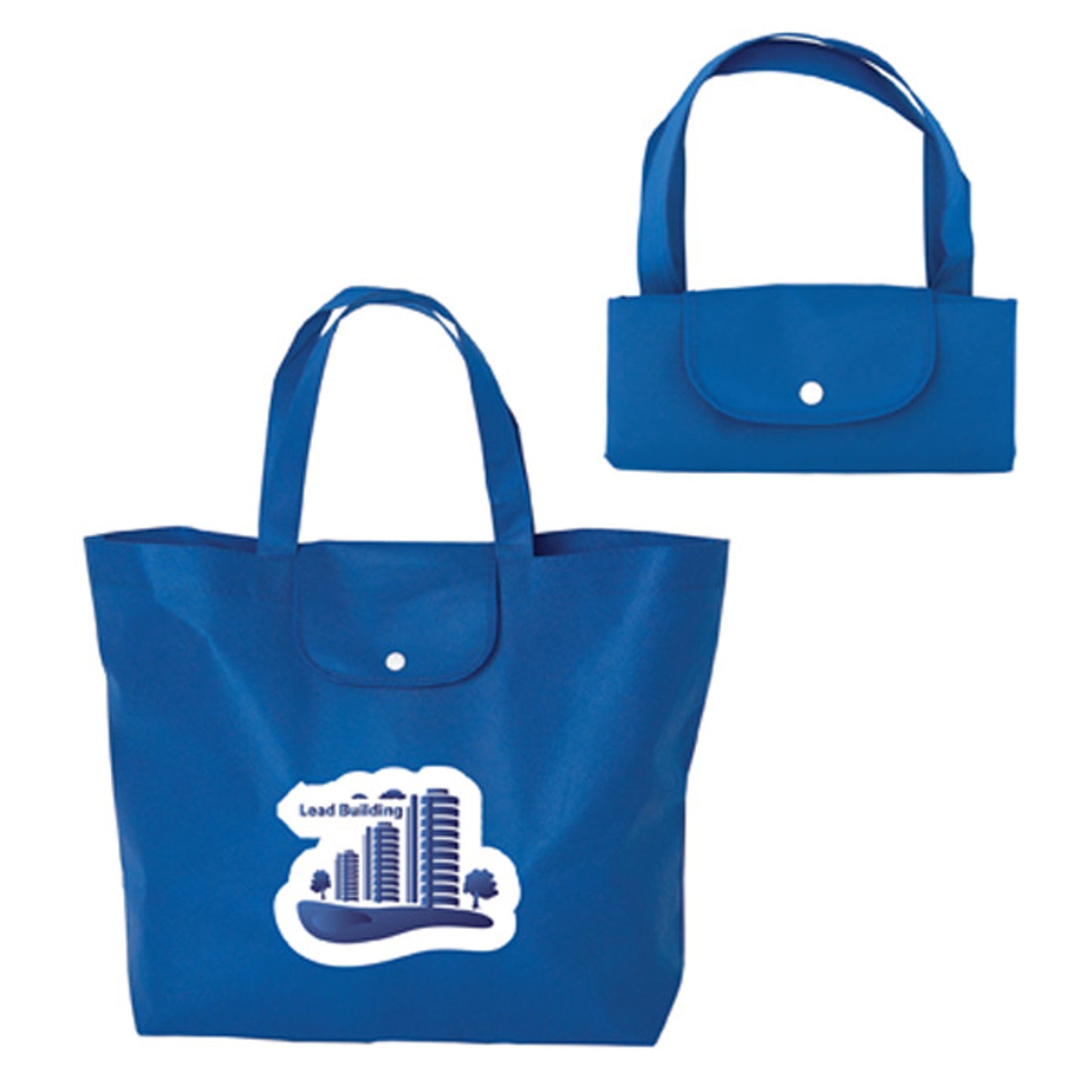 Front and folded views of royal blue foldable tote bag with snap closure and custom Lead Building logo