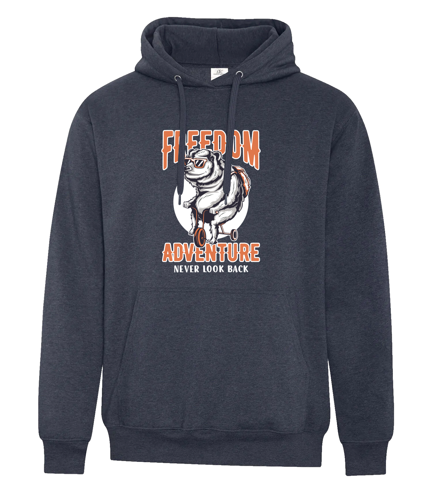 ATC Earth Wash Tourbillon fleece hoodie in dark heather navy, featuring a bold graphic of a bear on a motorcycle with the text 'FREEDOM ADVENTURE – NEVER LOOK BACK' printed on the chest.
