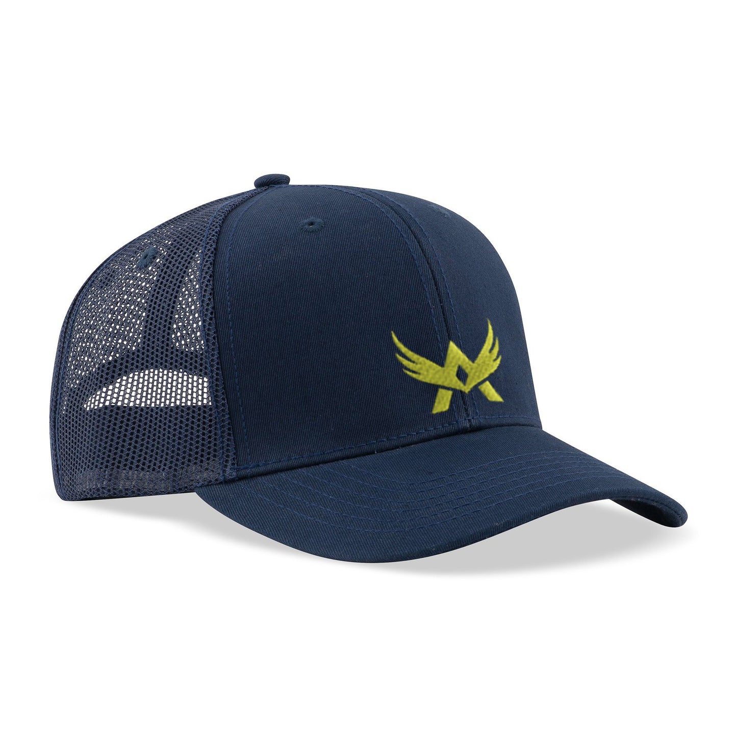 Front view of navy blue mesh cap with yellow logo on the crown