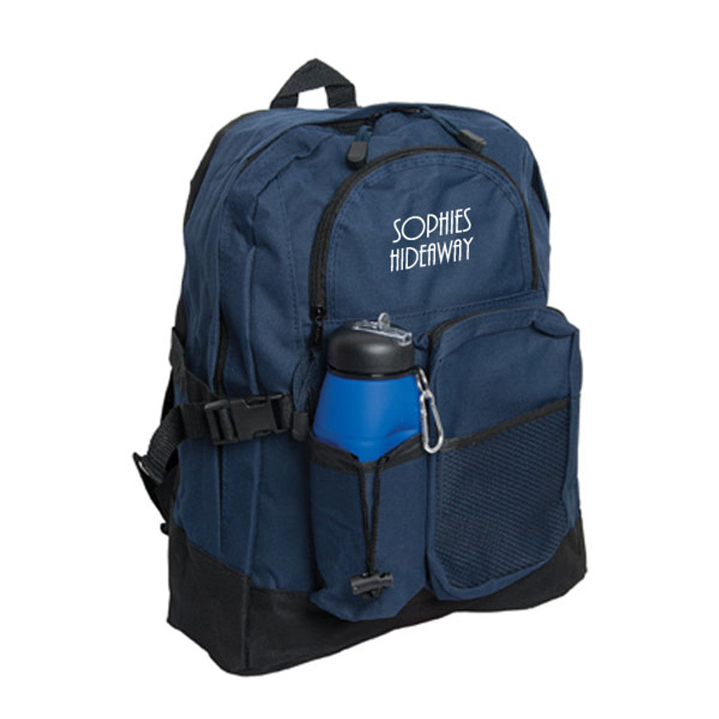 Navy blue backpack with front zippered compartments, mesh side pocket, adjustable strap, and top carry handle