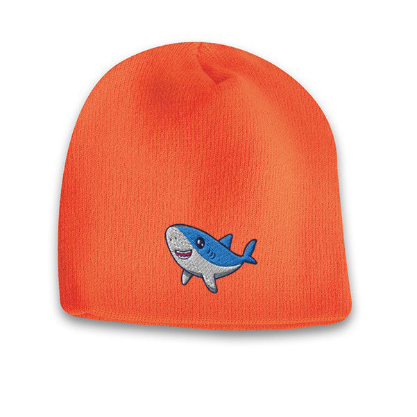 Neon orange acrylic knit beanie featuring a cute embroidered cartoon shark logo on the front