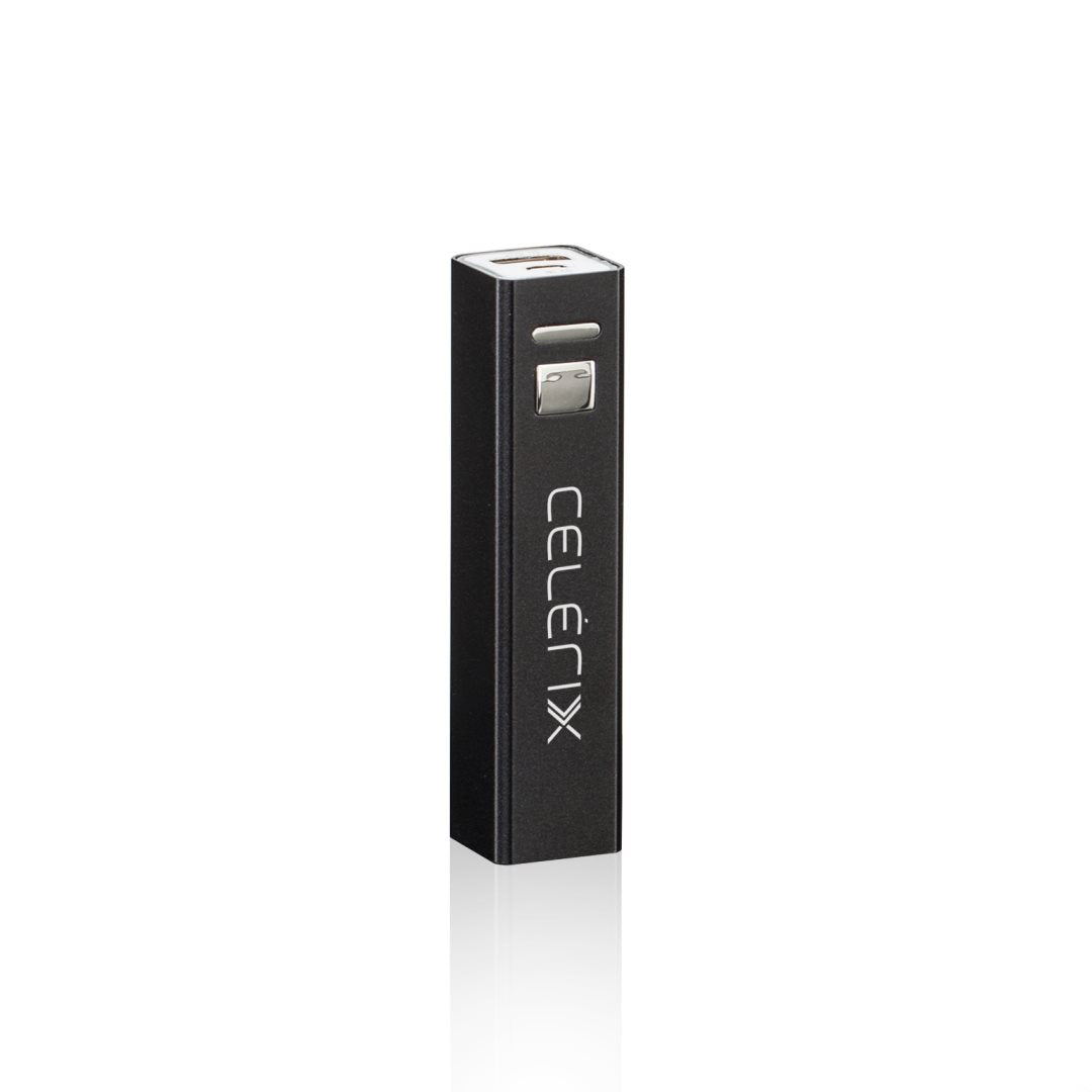 Black rectangular portable power bank with a silver button and USB port on top, featuring a customized 'CELERIX' logo vertically engraved on the front.