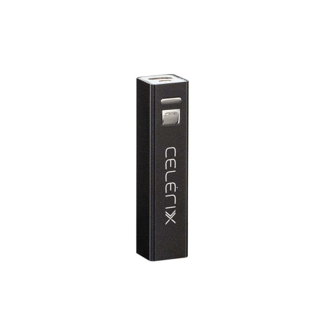 Black rectangular portable power bank with a silver button and USB port on top, featuring a customized 'CELERIX' logo vertically engraved on the front.