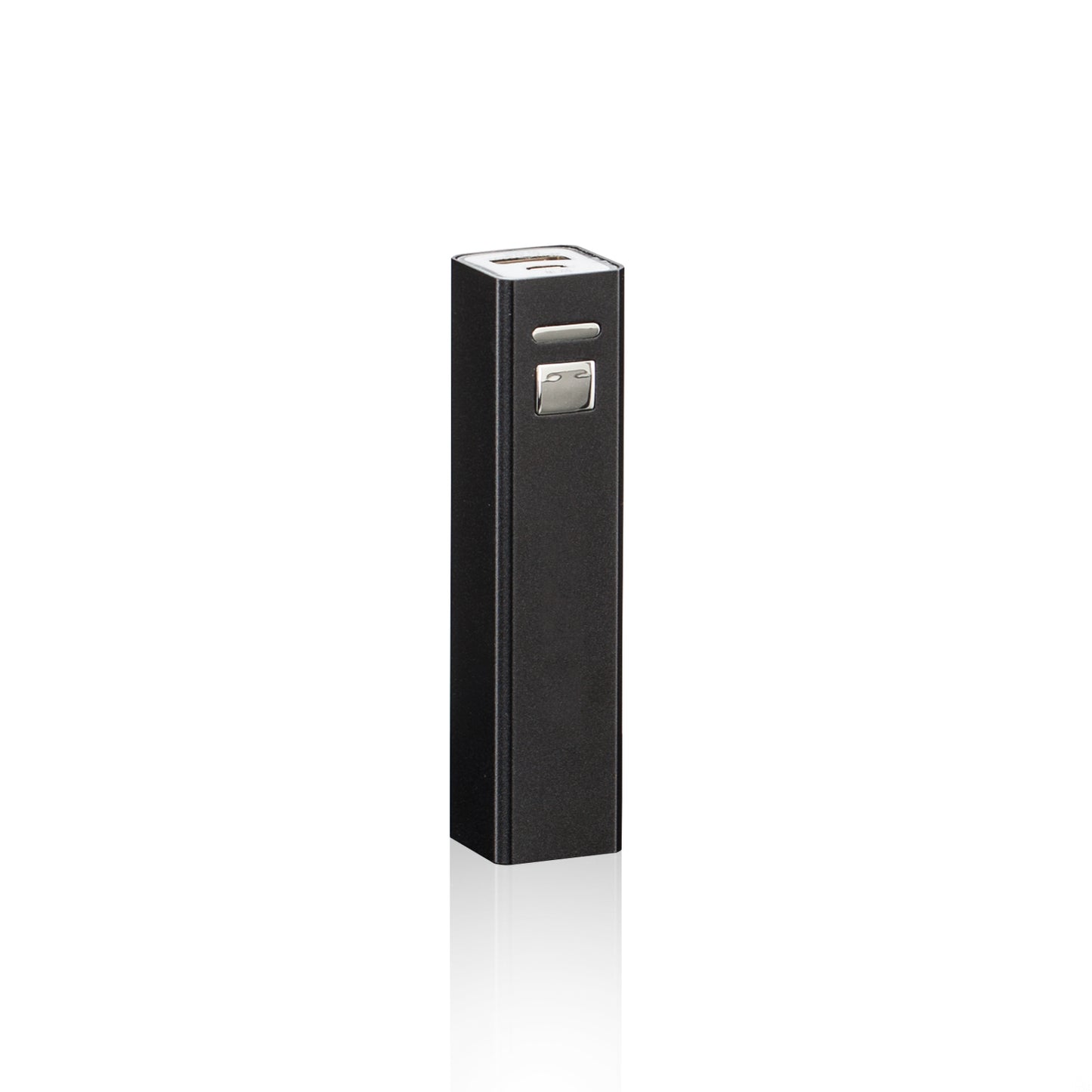 Back view of a slim black portable power bank with a metallic button and USB port on top, ready for customized logo engraving