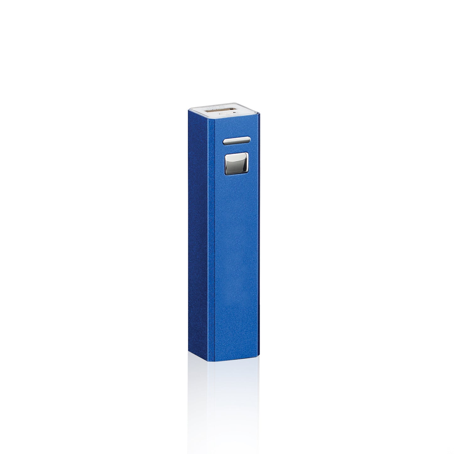 Back view of a slim blue portable power bank with a silver button and USB port on top, ideal for custom logo engraving