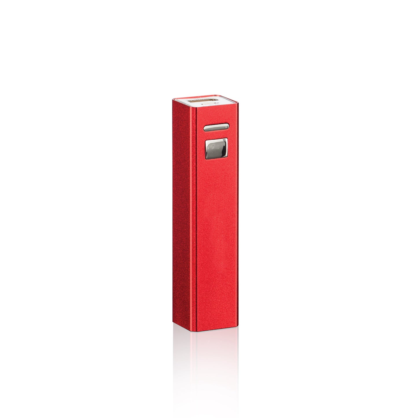 Back view of a slim red portable power bank with a silver button and USB port on top, ideal for custom logo engraving