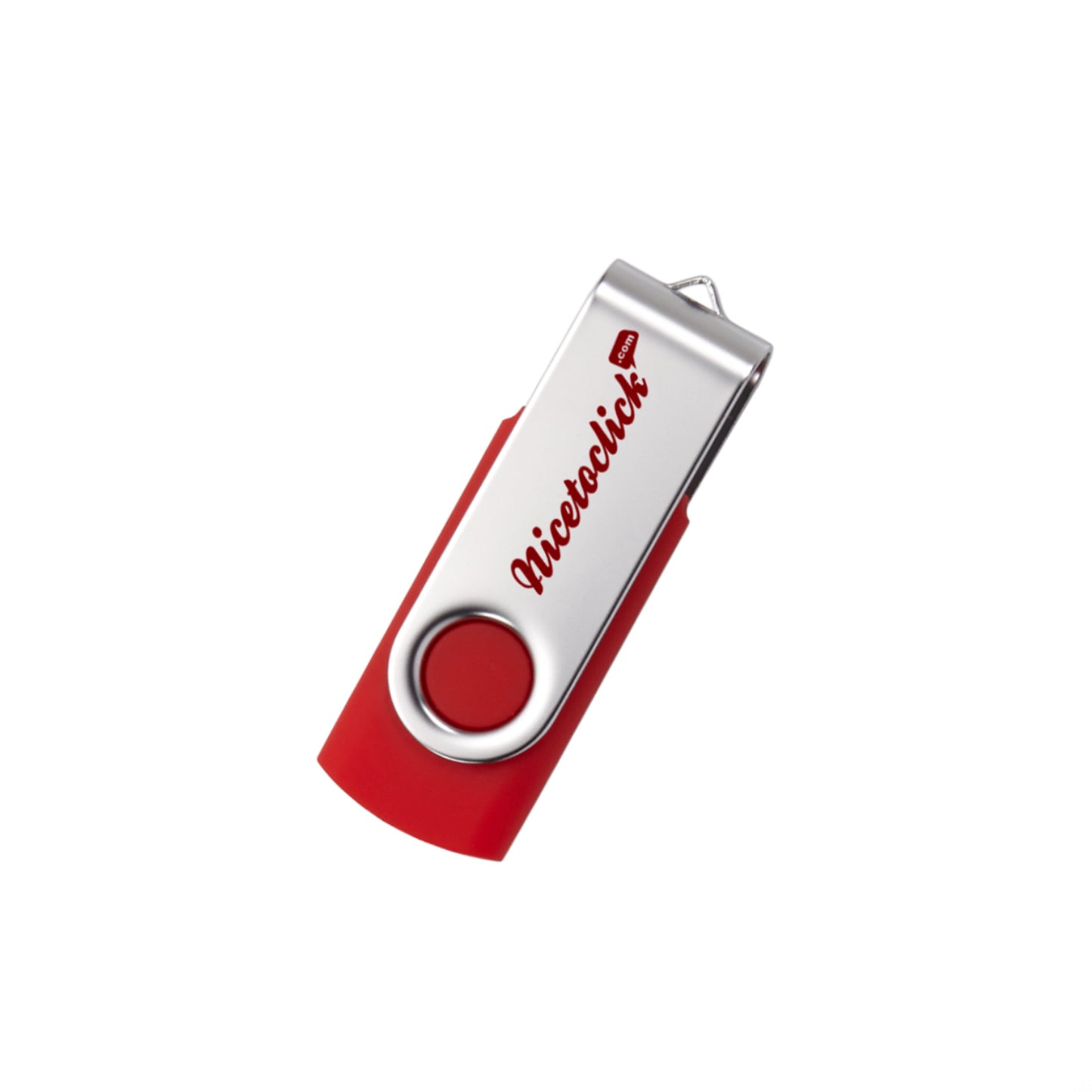 Red 8GB Comet USB flash drive with a silver swivel cover, featuring a custom 'Nicetoclick' logo printed in matching red on the metal clip