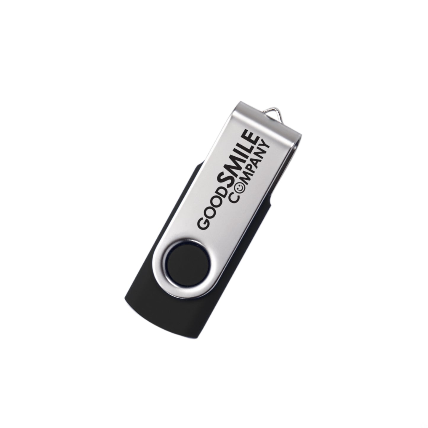 Black 8GB Comet USB flash drive with a silver swivel cover, customized with a black 'GOOD SMILE COMPANY' logo printed on the metal clip.