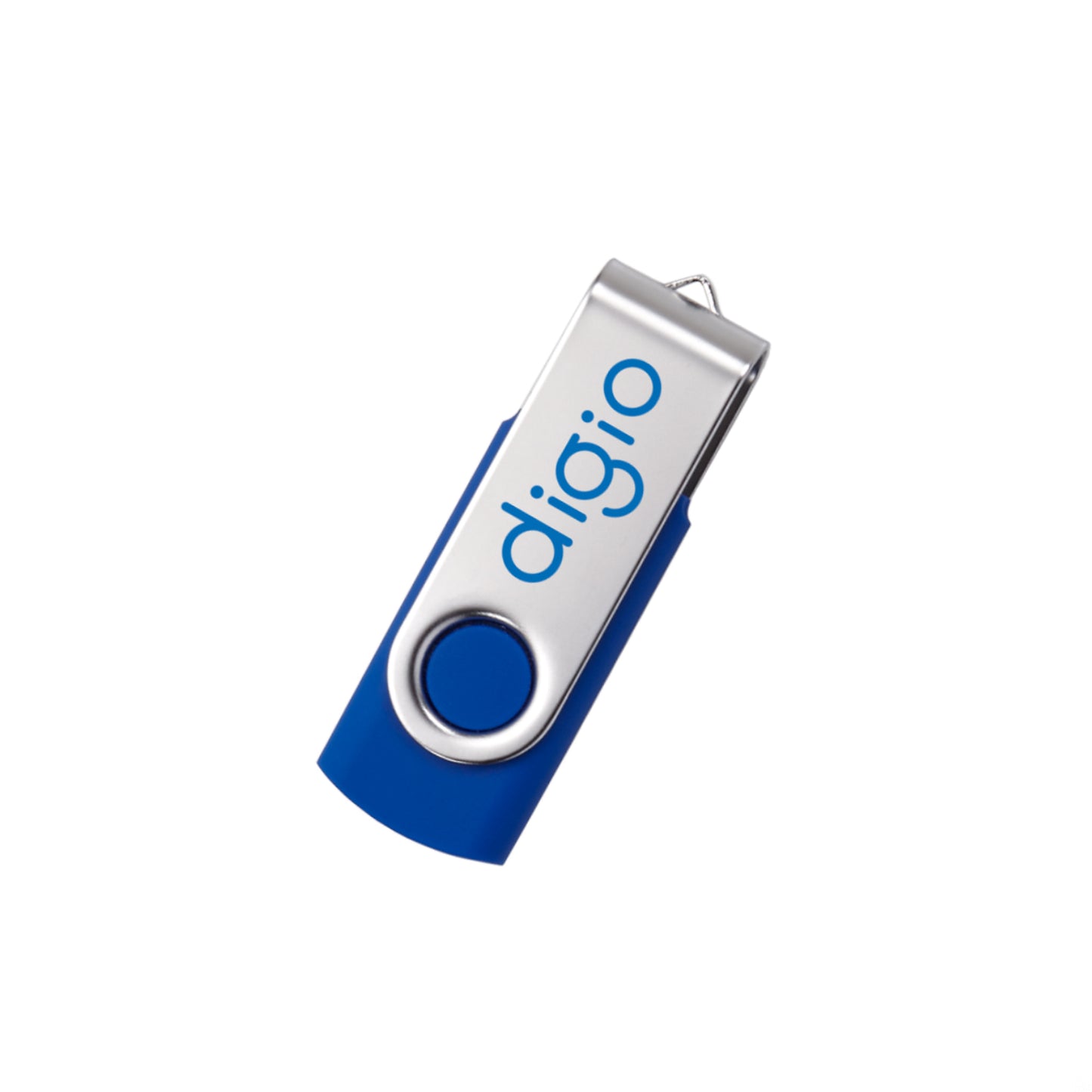 Blue 8GB Comet USB flash drive with a silver swivel cover, featuring a customized 'digio' logo printed in blue on the metal clip