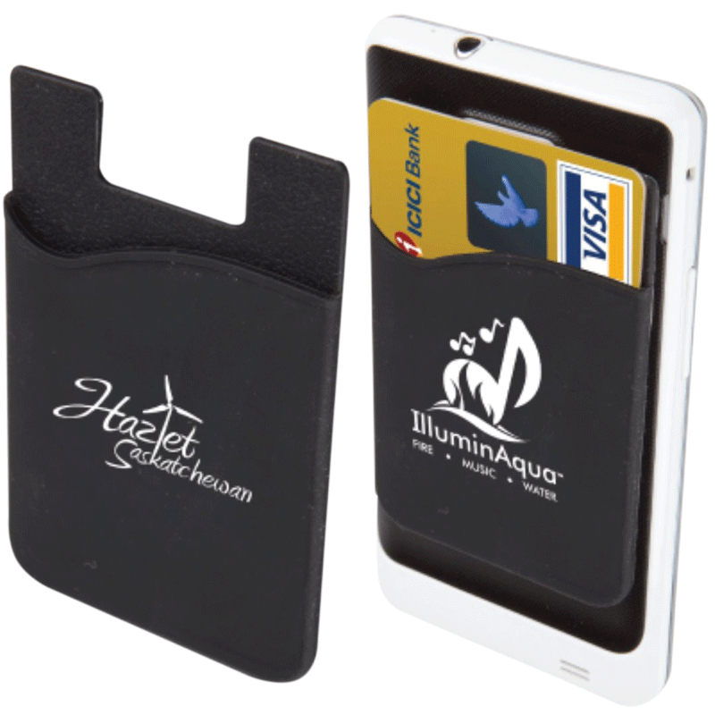 Two black silicone phone wallets with white printed logos — one displaying "Hazlet Saskatchewan" and the other attached to a phone holding two credit cards, featuring the "IlluminAqua" logo