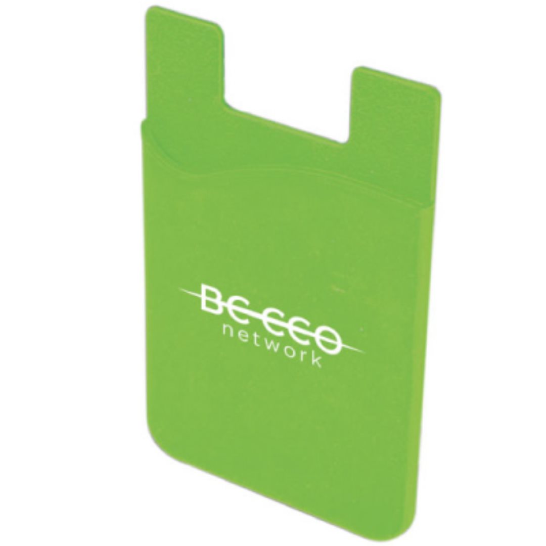 Green silicone phone wallet with white "BCECO network" logo printed on the front.