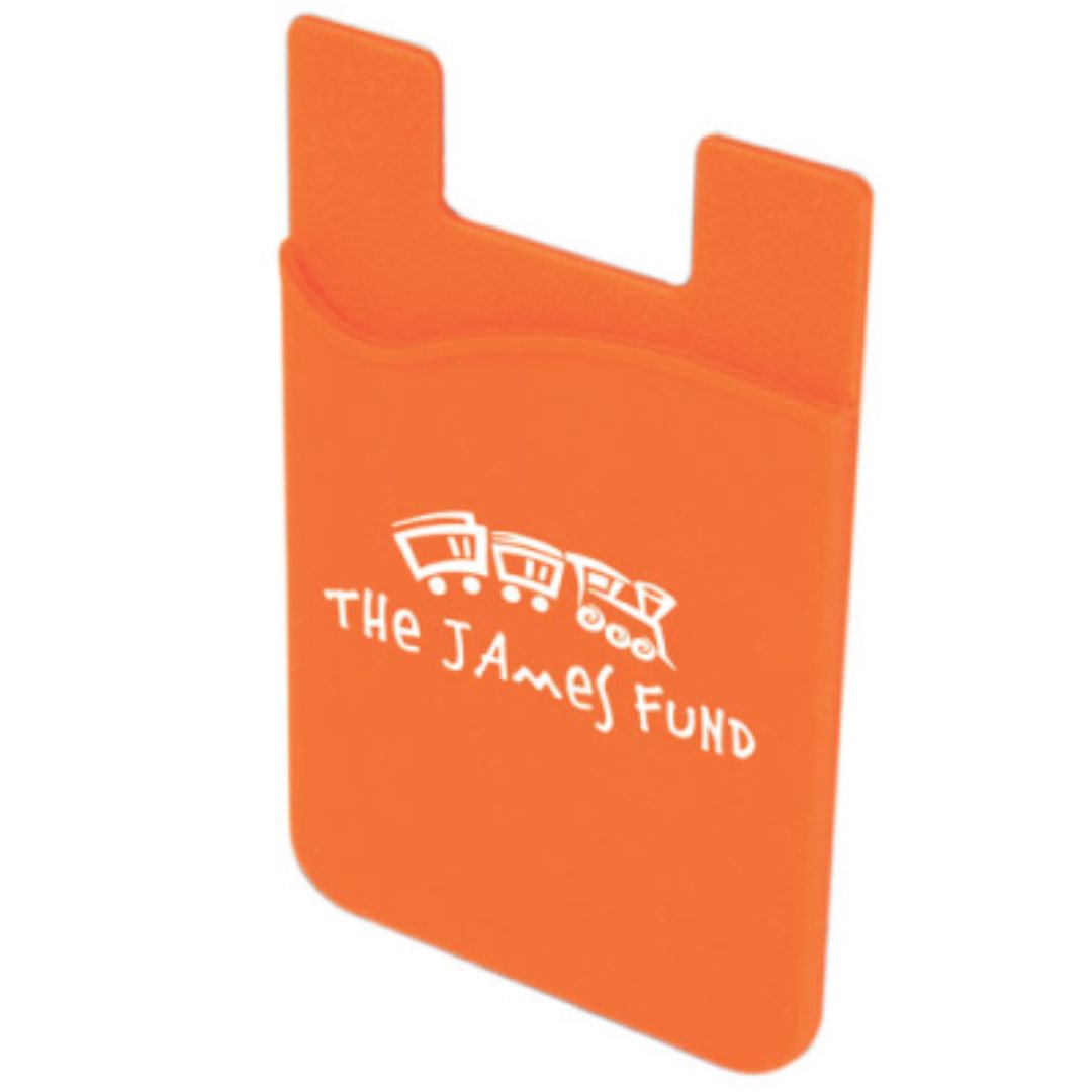 Orange silicone phone wallet with a white "The James Fund" logo and a train graphic printed on the front.
